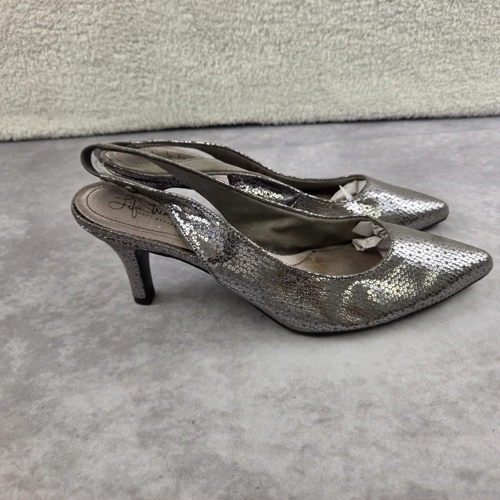 LifeStride Soft System Silver Sequin Slingback Pumps Pointed Toe Kitten Heels 8M
